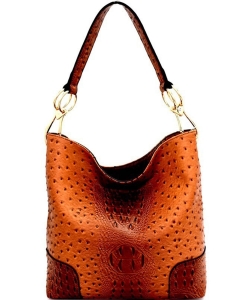 Ostrich Print Embossed Side Ring Large Hooked Hobo LHU072-LP BROWN